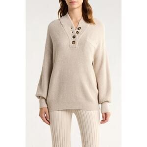 Lunya Cozy Organic Cotton Silk Pocket Henley Sweater Quiet Luxury Oatmeal XS/S